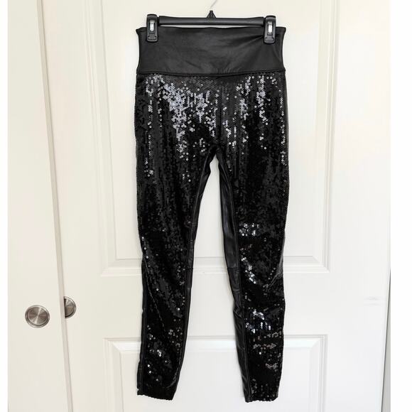SPANX Faux Leather Sequin Party Disco Leggings Black Medium - Picture 2 of 5